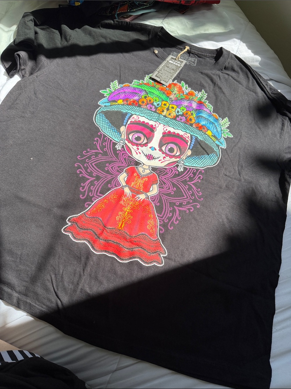 Black Tee with Colorful Catrina